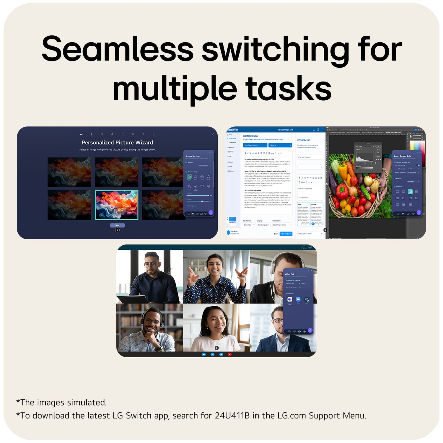 LG display shows multiple apps: picture wizard, writing, editing, video call, and split screen.
