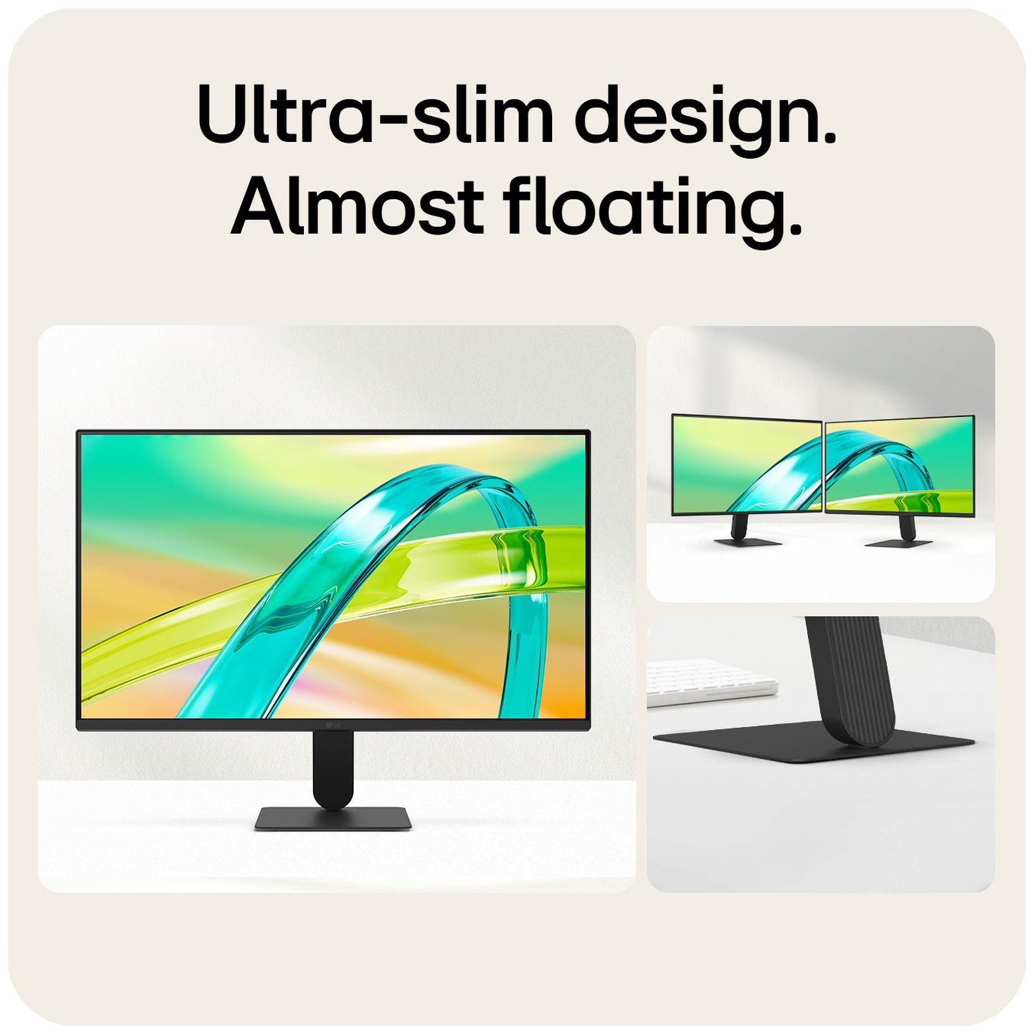 Ultra-slim monitors with abstract green and blue art displayed.