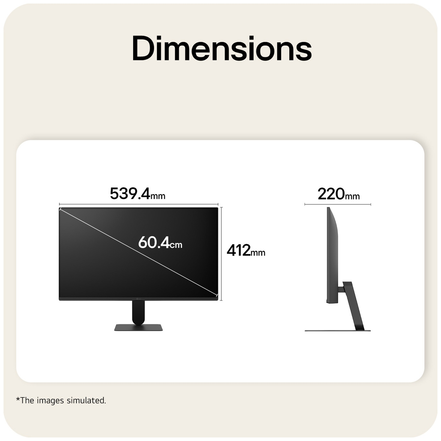 Monitor dimensions: Width 539.4mm, Diagonal 60.4cm, Height 412mm, Depth 220mm.