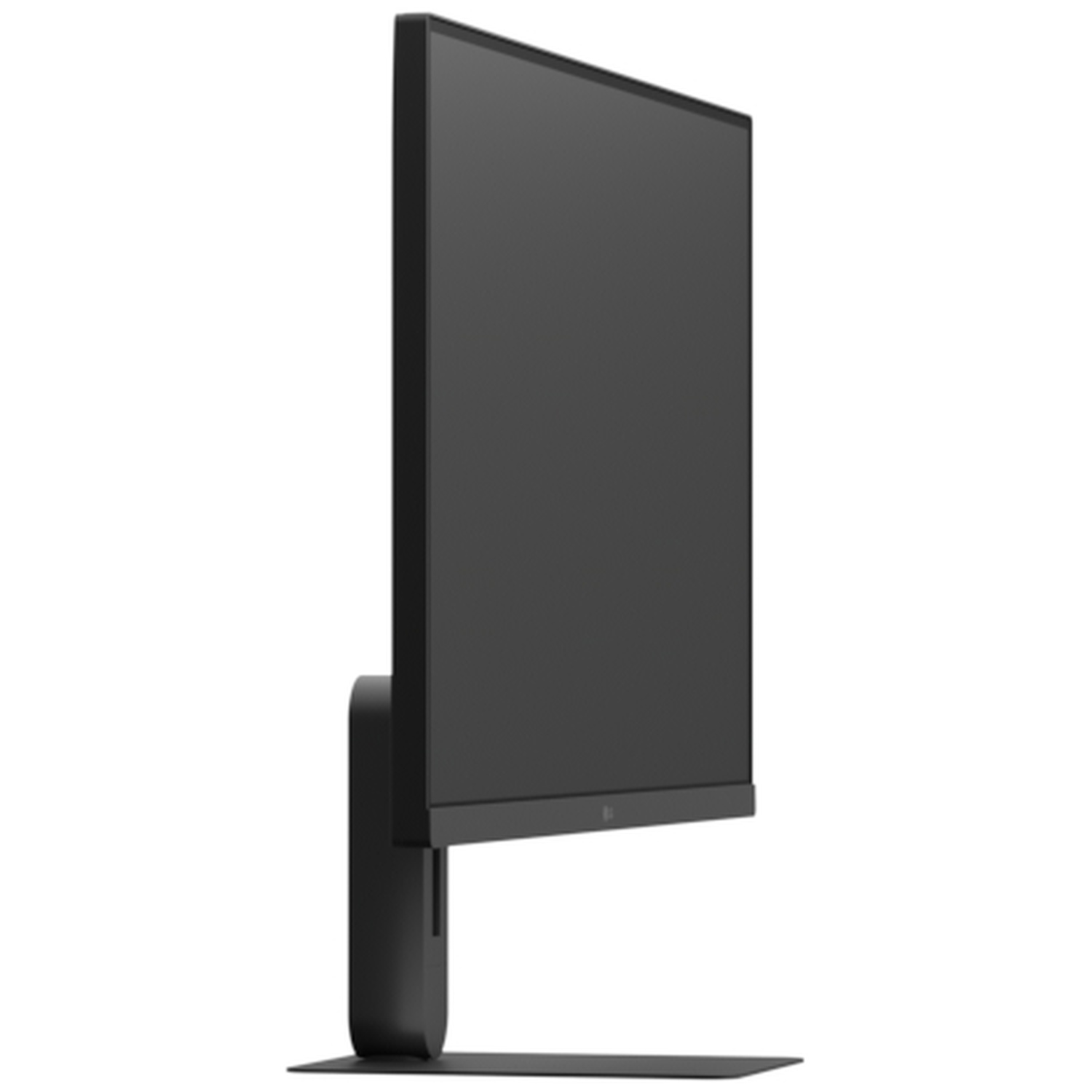 A black computer monitor stands on a flat base.
