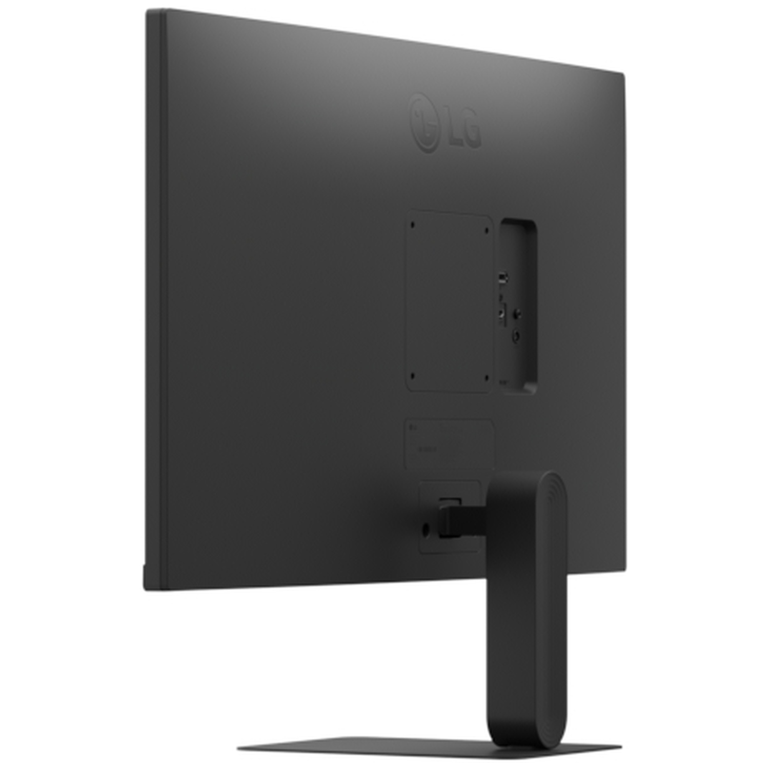 Rear view of a black LG monitor with ports and stand.