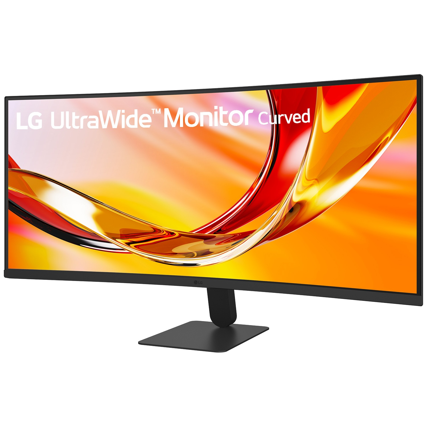 A black LG UltraWide curved monitor with a colorful abstract wallpaper.