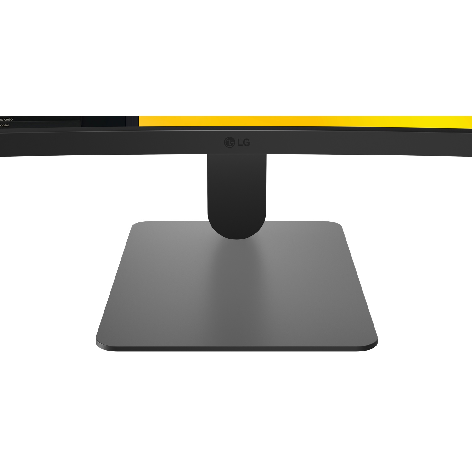 A black LG monitor stand with a gray square base on a white background.