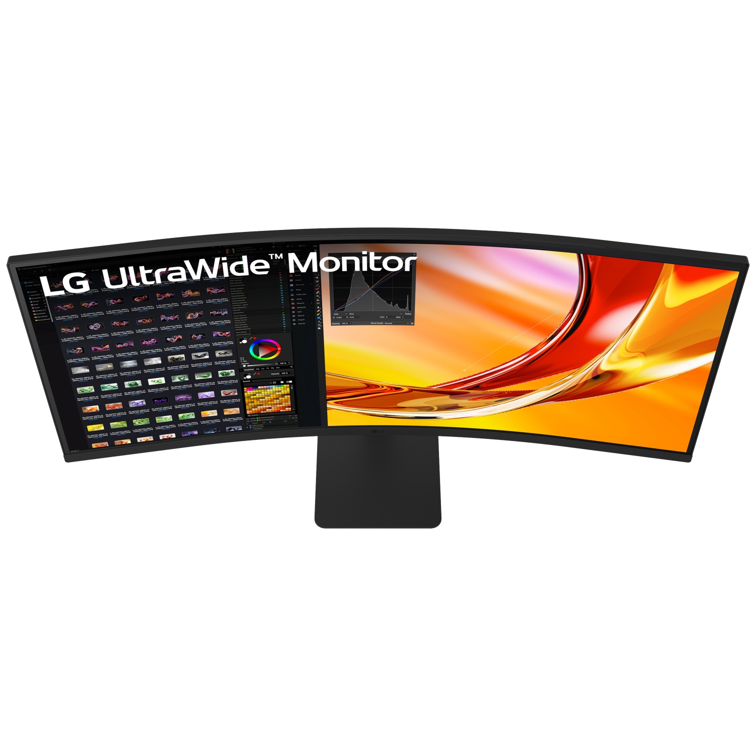 A curved LG UltraWide monitor displays a software interface with images and color palettes.