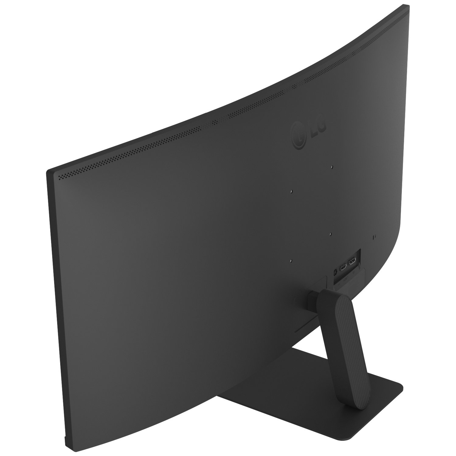 Back view of a black, curved LG monitor with stand and ports.