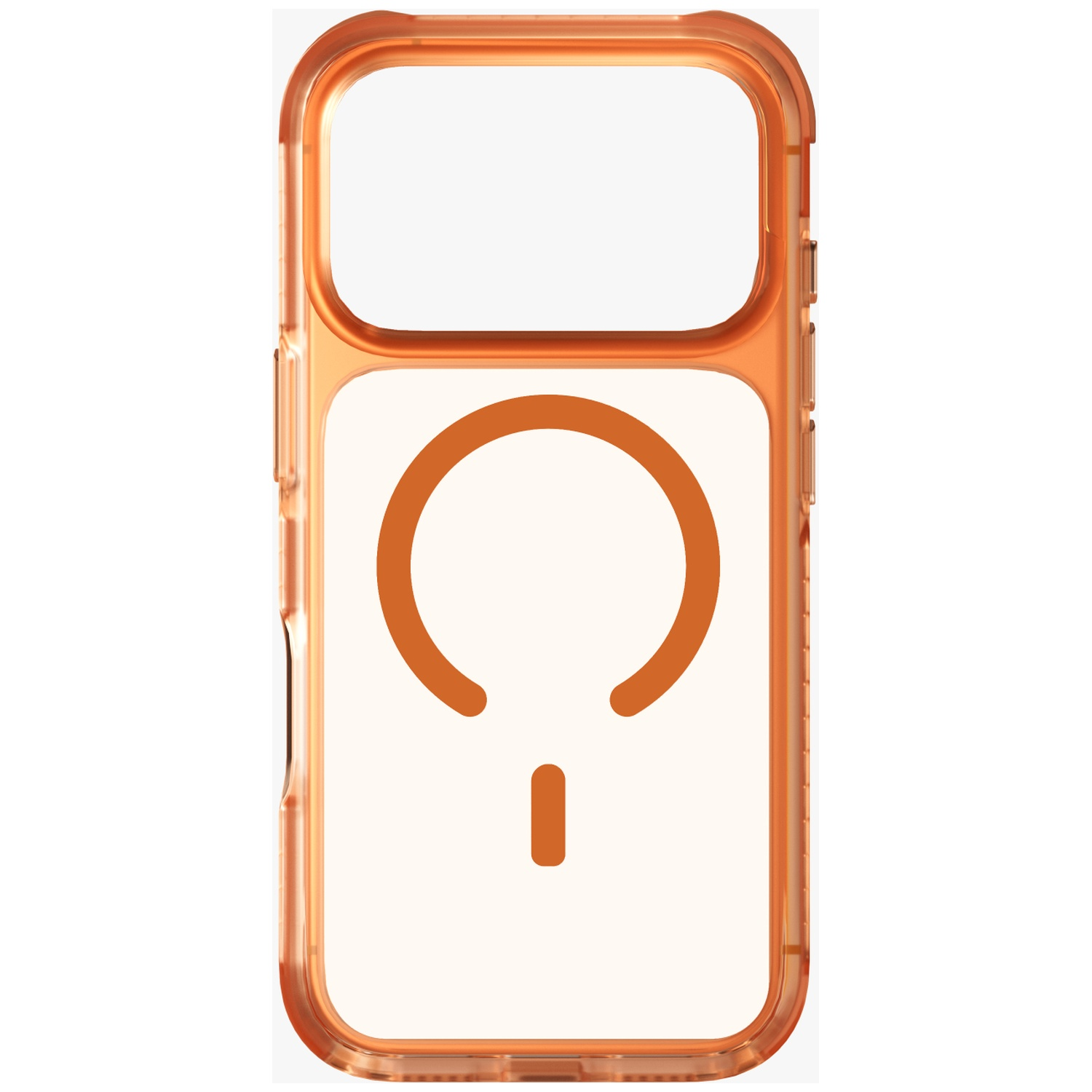 A clear orange phone case featuring a circular MagSafe symbol.