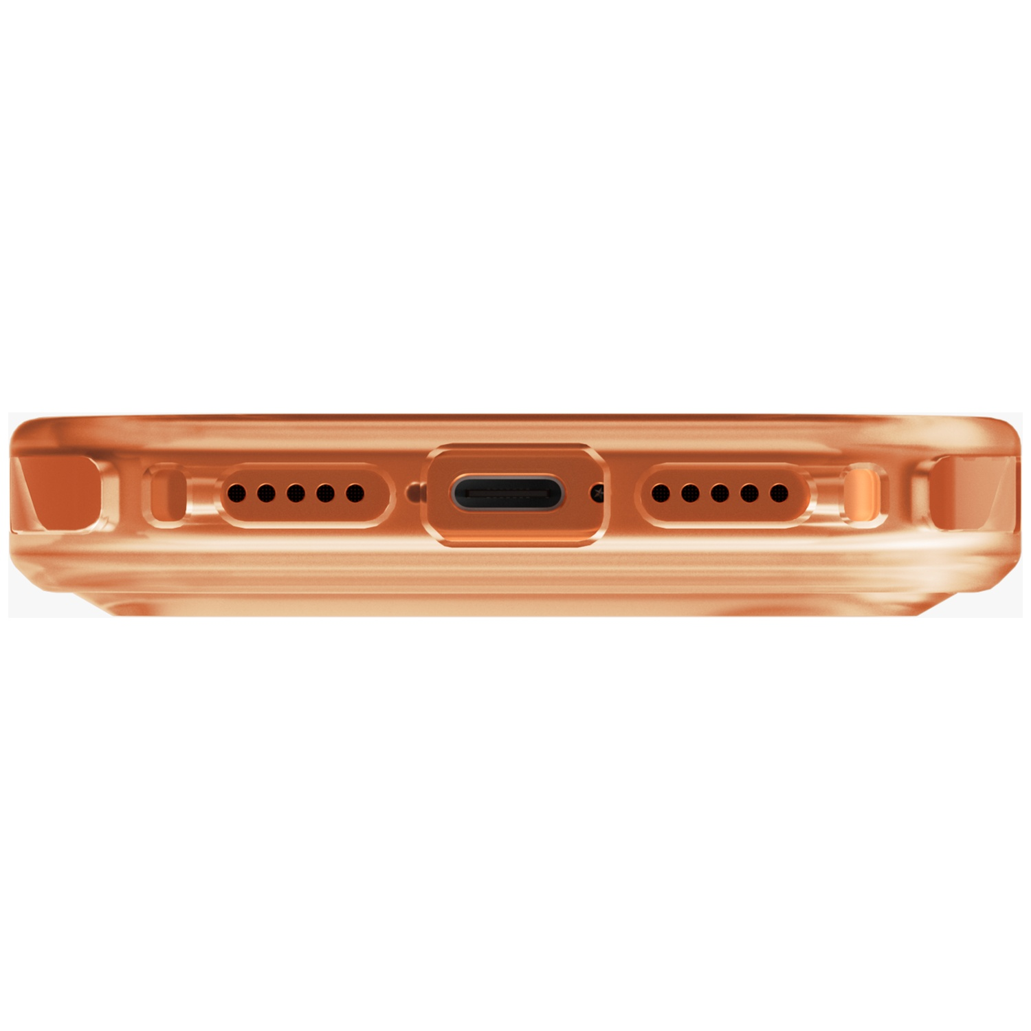Close-up of an orange phone case bottom showing charging port and speaker grills.