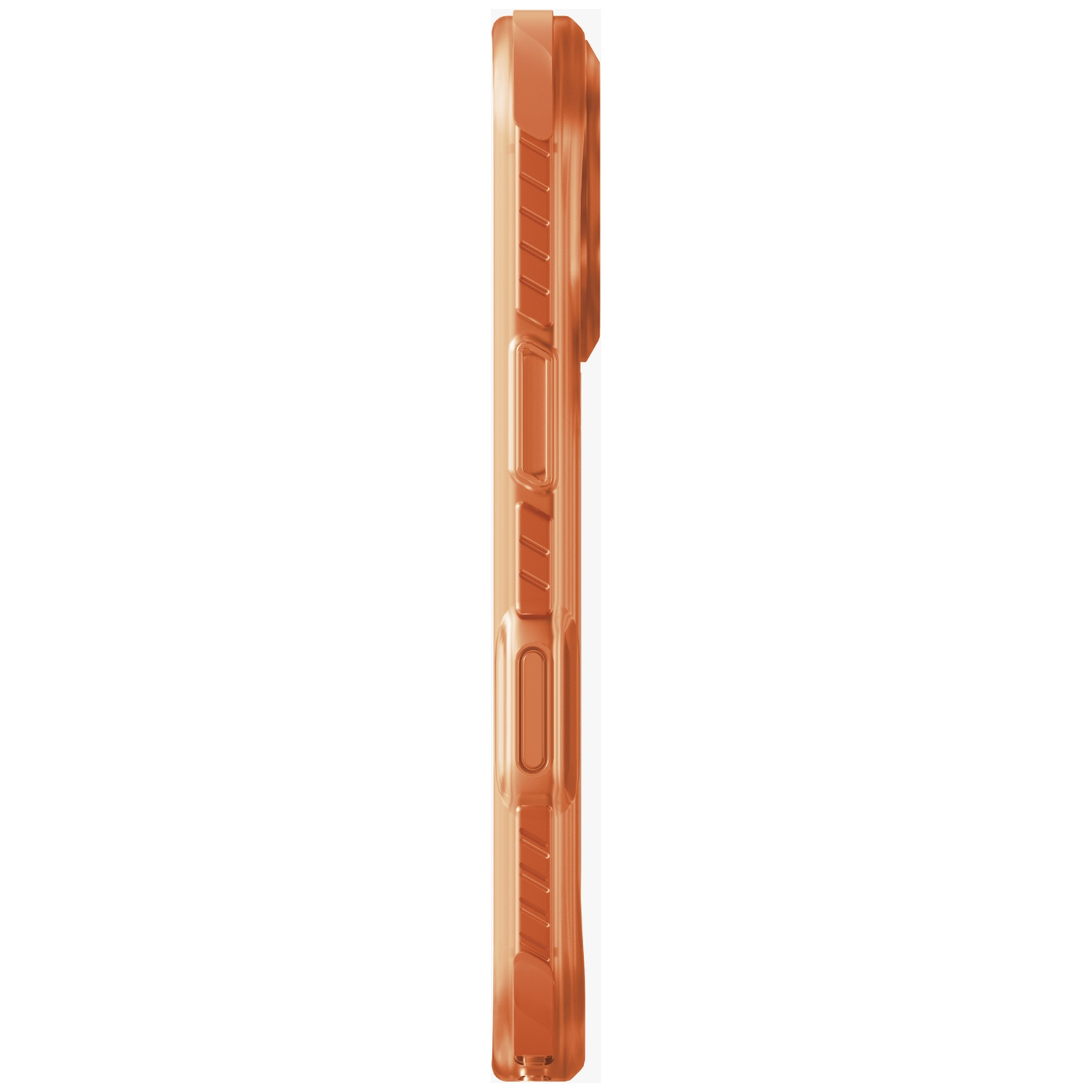 Orange phone case with ribbed sides and buttons.