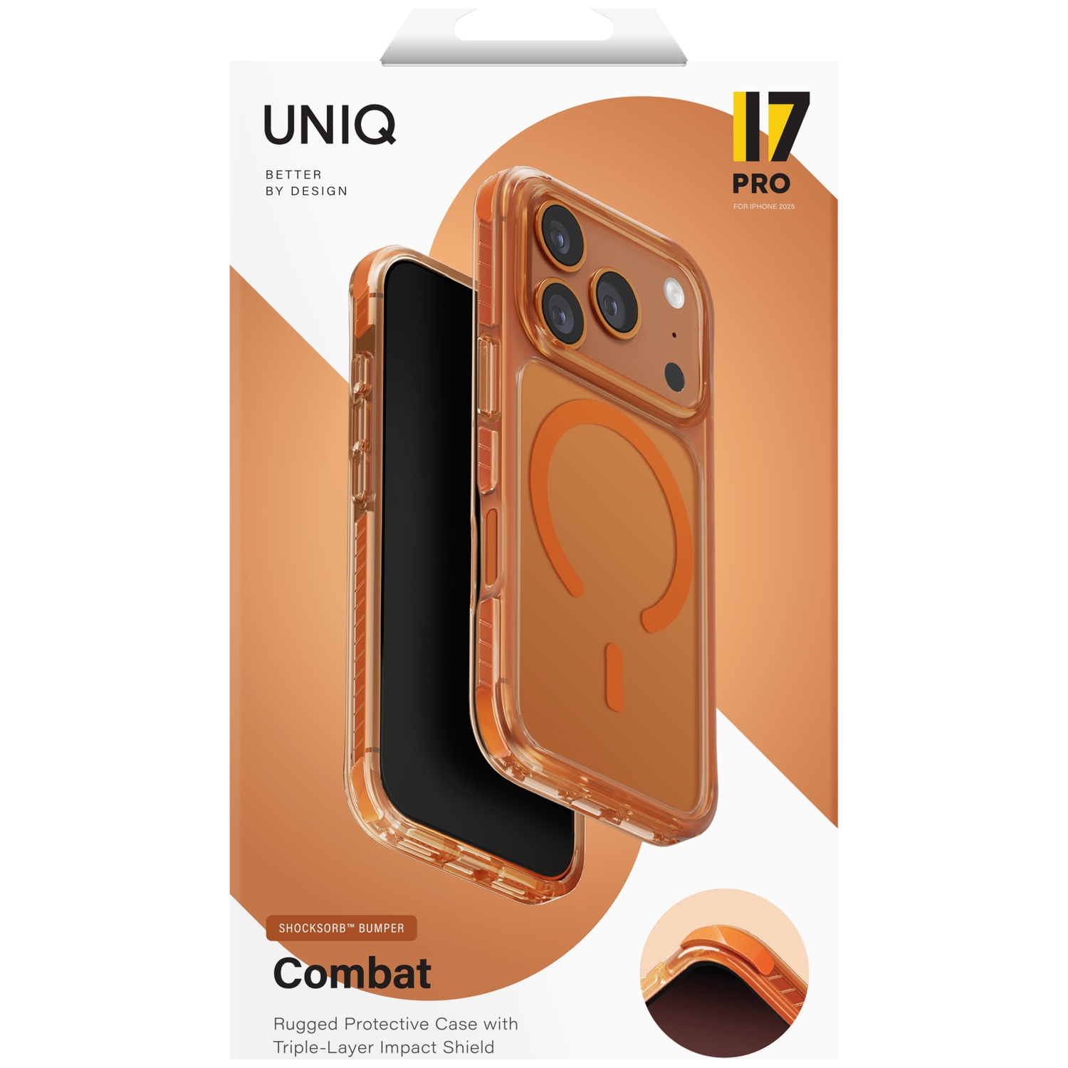 Orange UNIQ phone case for iPhone 17 Pro with a clear design.