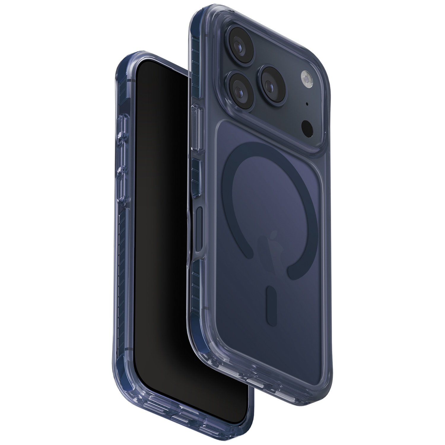 Dark blue transparent phone case with MagSafe circle on the back.
