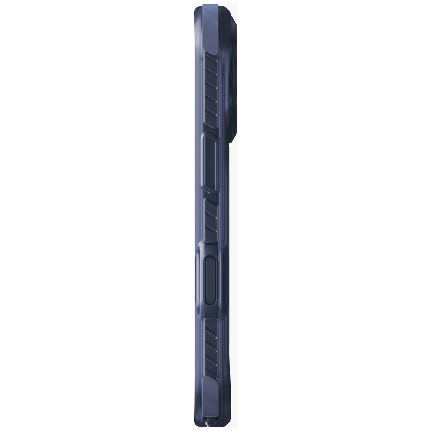 Dark blue phone case shown in profile with buttons.