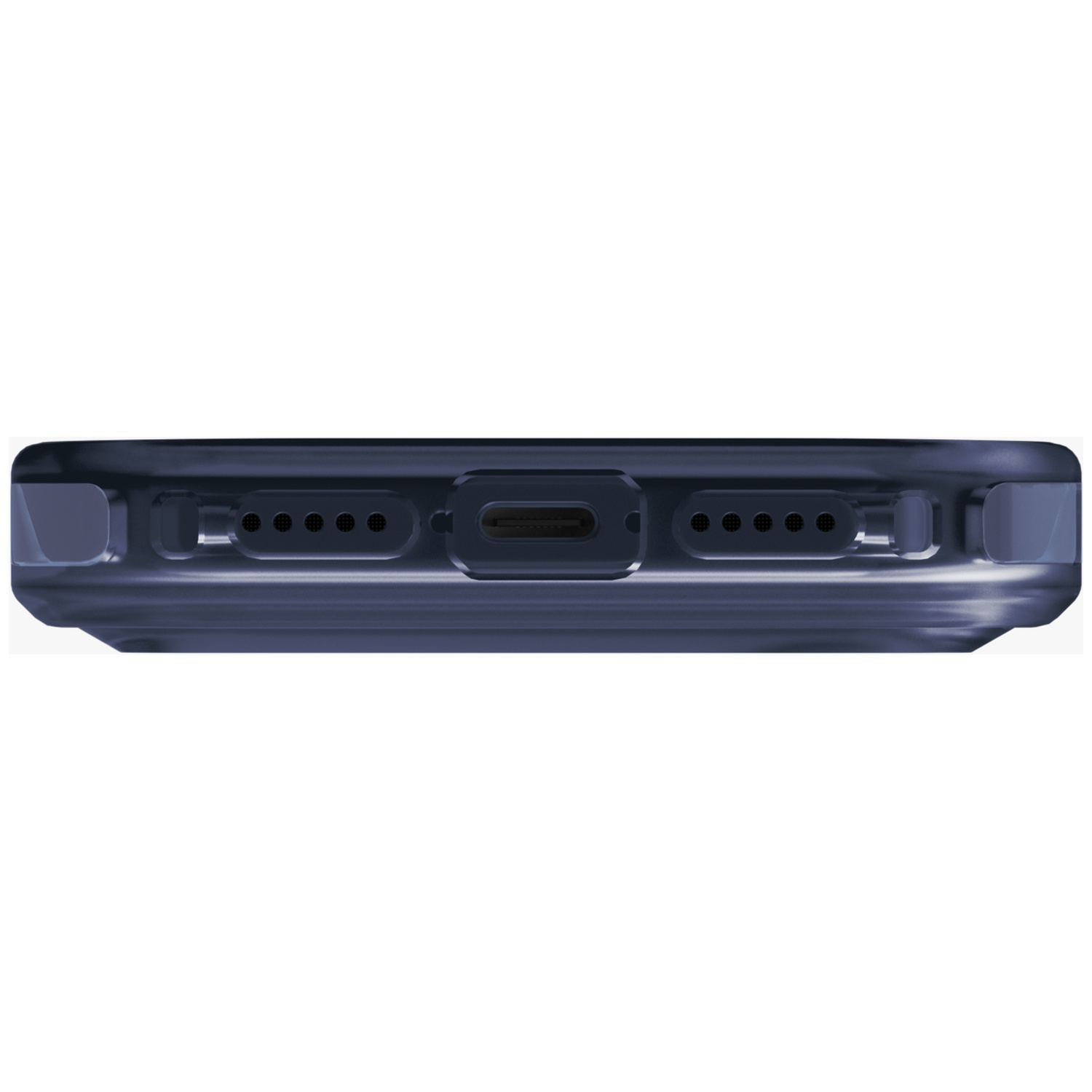 Close-up of a blue phone case bottom with charging port and speaker grilles.
