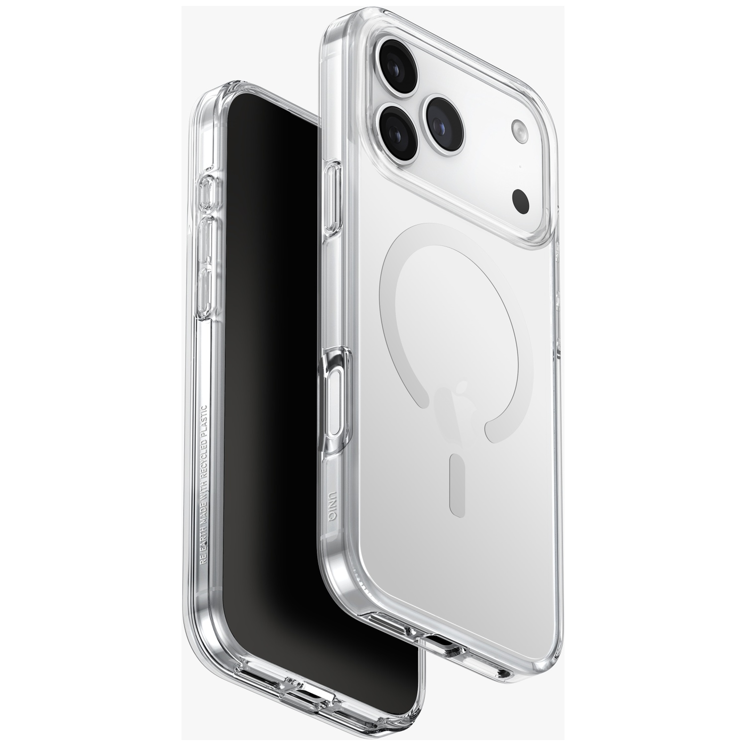 Een doorzichtige telefoonhoes met telefoon wordt getoond, met camera's en magneetring.