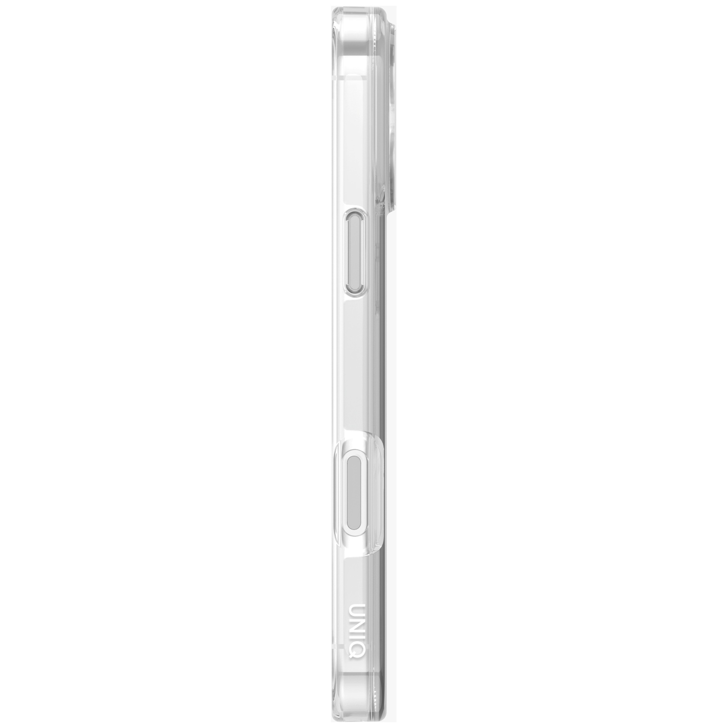 Een doorzichtige telefoonhoes met zijknopjes en het UNIQ-logo.