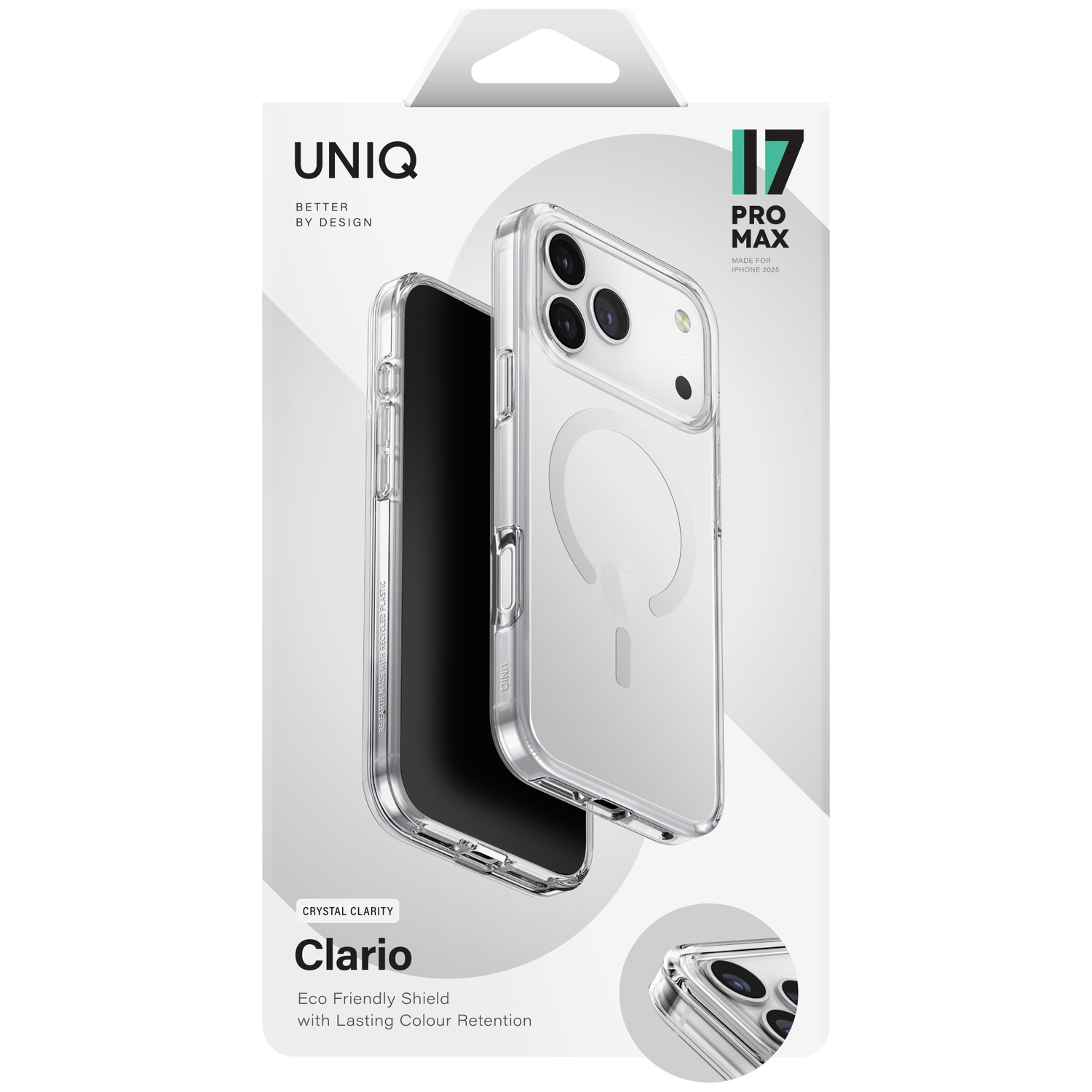 Transparante UNIQ Clario hoes voor iPhone 17 Pro Max.