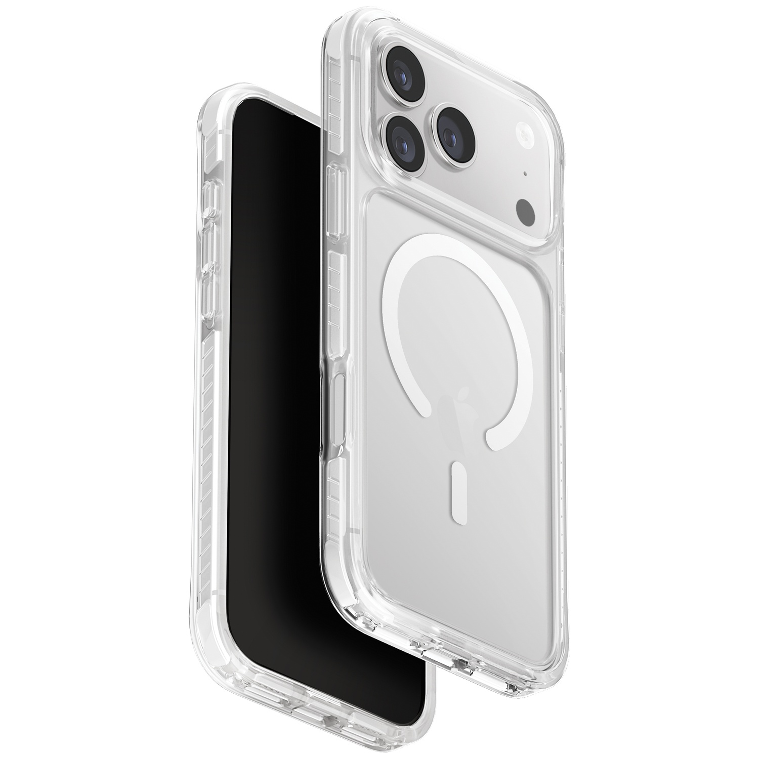 Clear iPhone case showing camera module and magnetic ring.