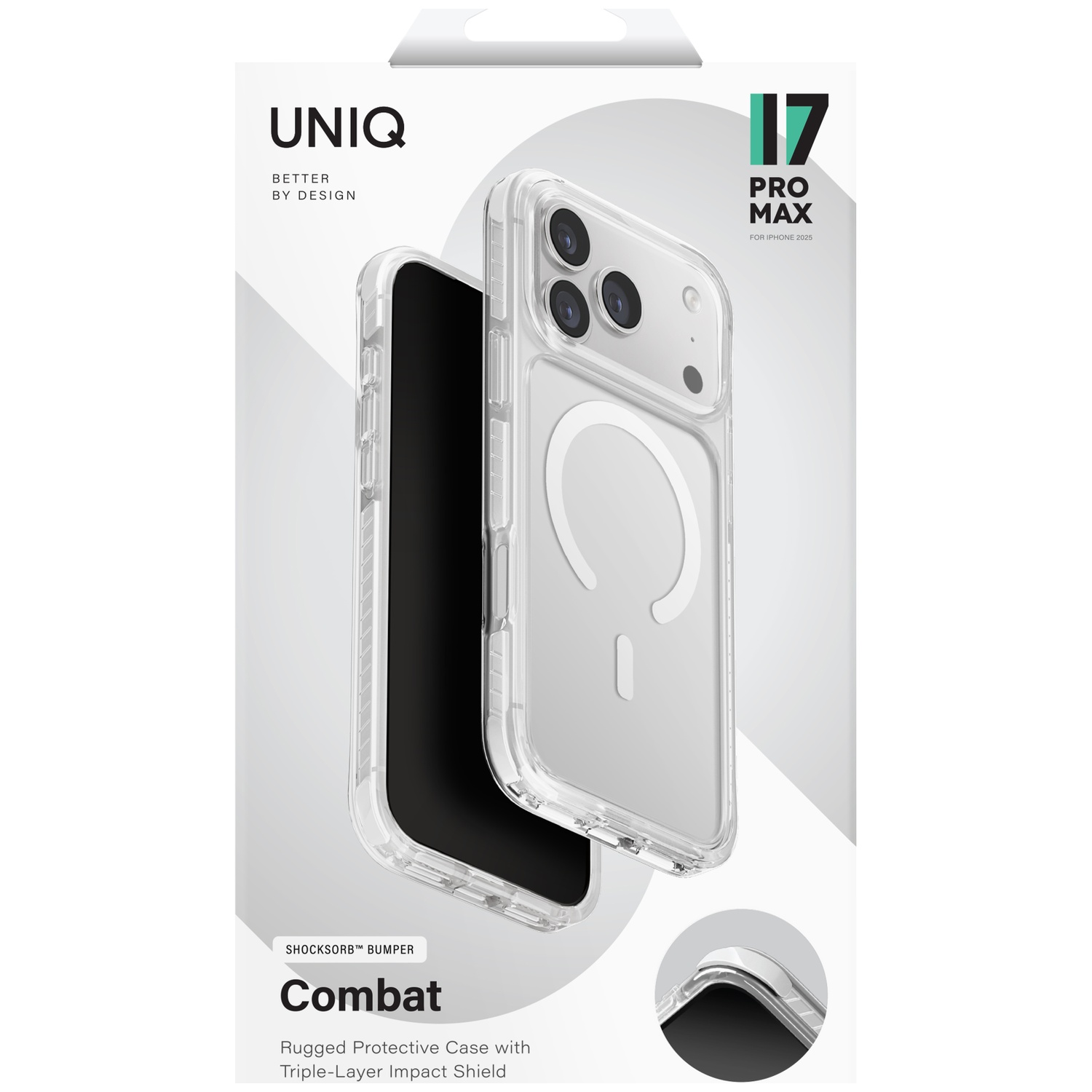 UNIG Combat case for iPhone 17 Pro Max, clear, with shock protection.