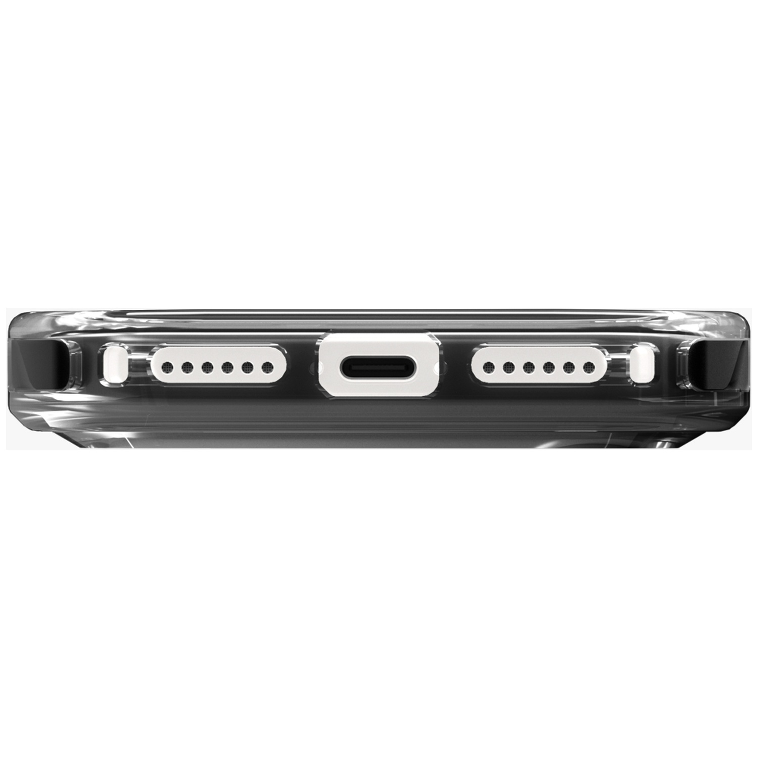 Close-up of a clear phone case bottom with a charging port and speaker holes.