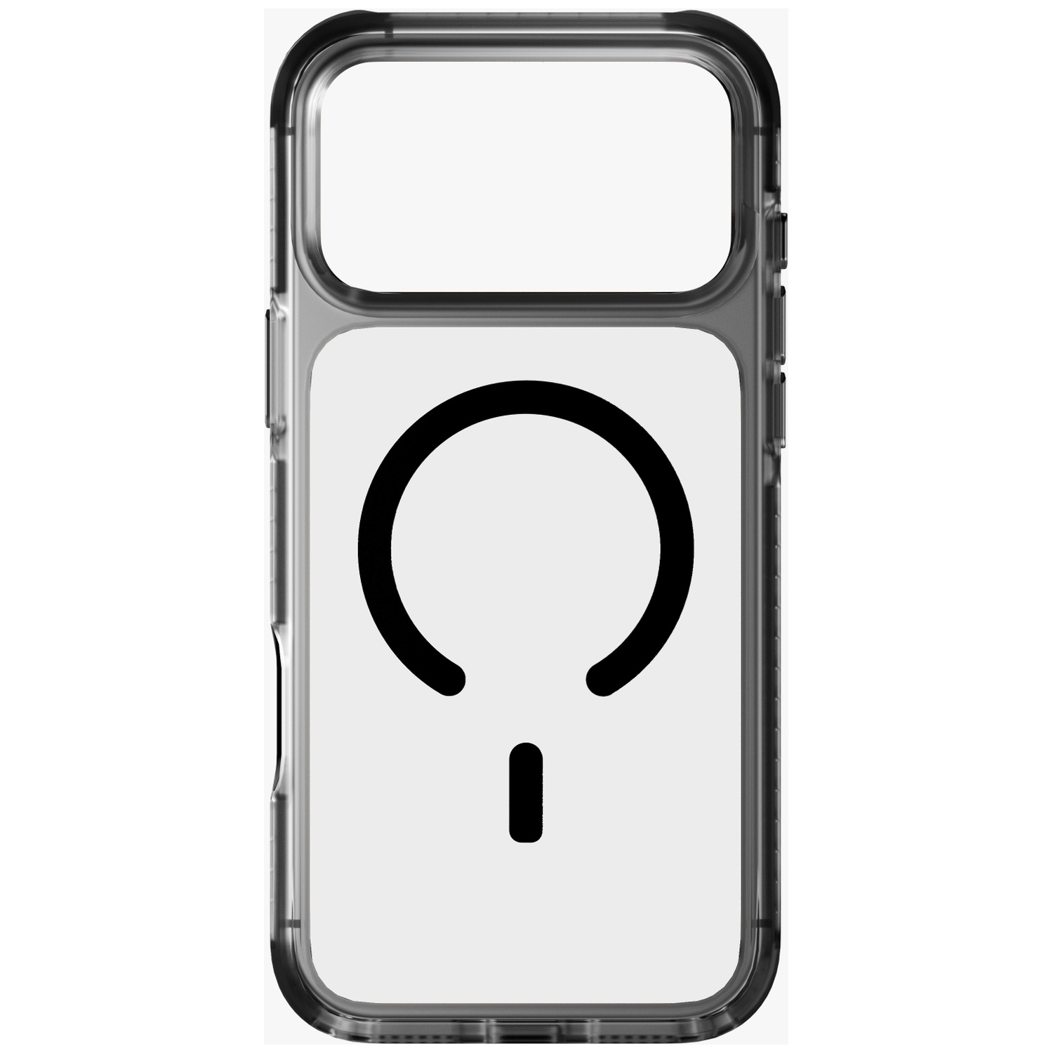 Clear phone case with a black circle and dash pattern.