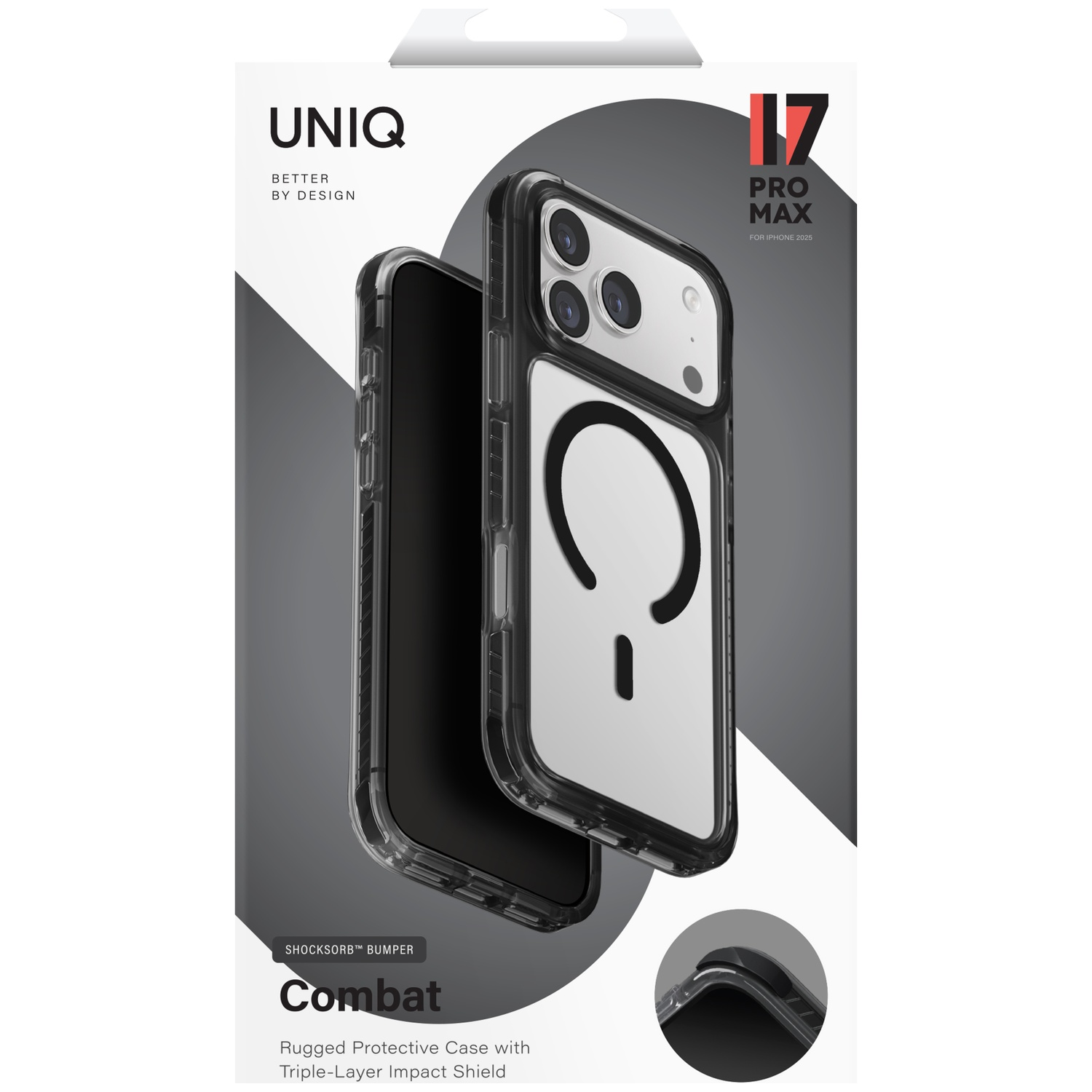 Packaging for UNIQ Combat iPhone 15 Pro Max case with shock protection.