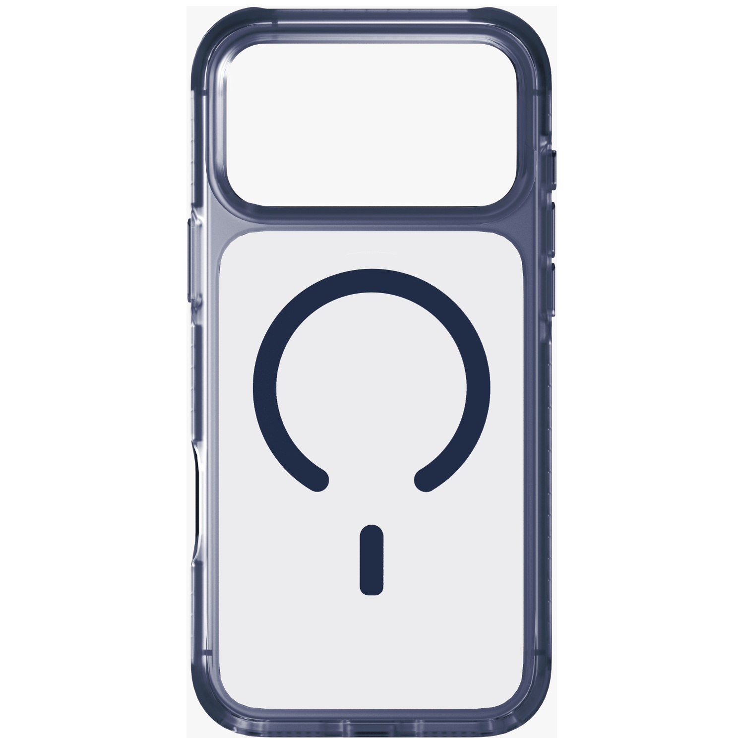 Clear iPhone case with dark blue MagSafe ring and rectangle cutout.
