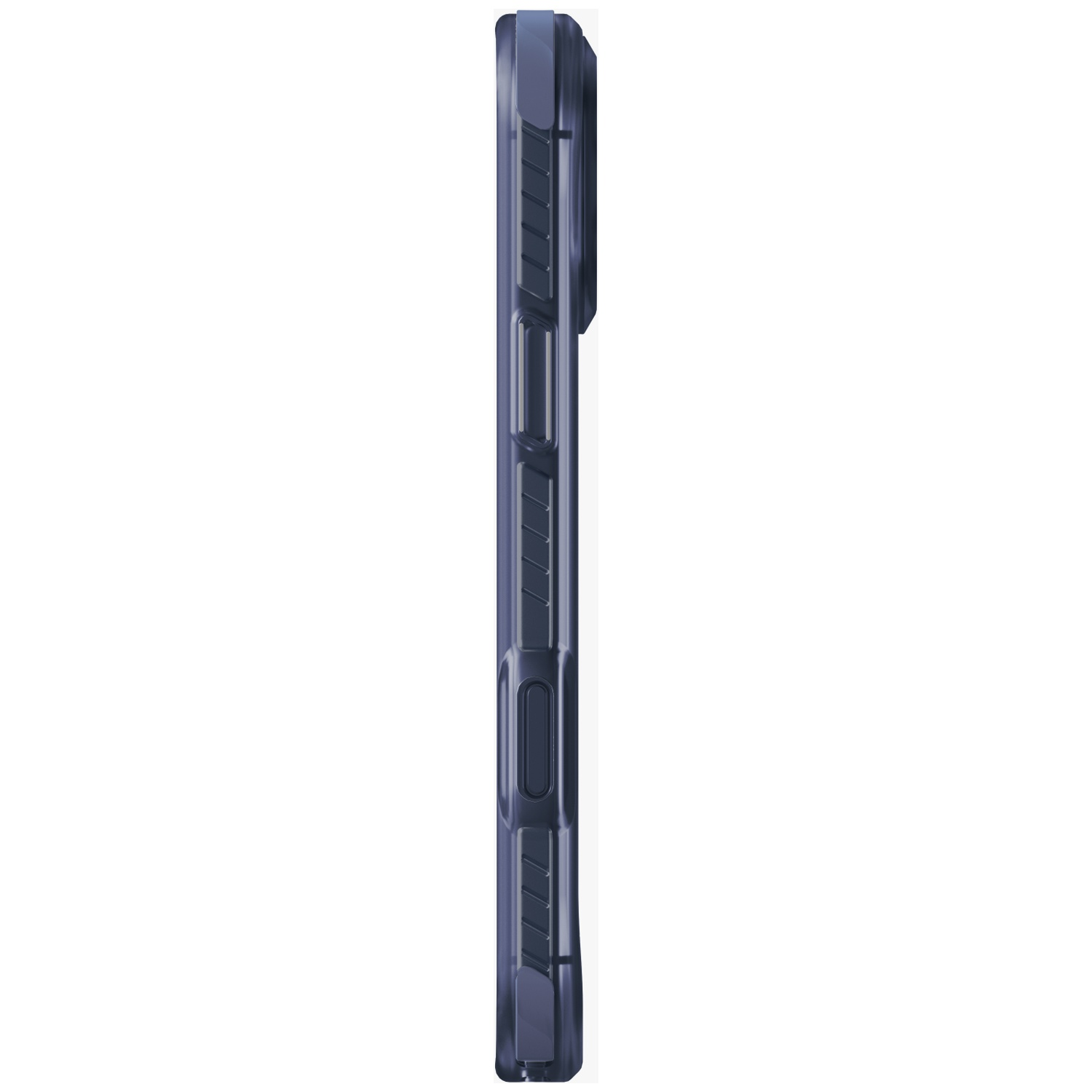 Dark blue phone case in side profile with buttons and texture.