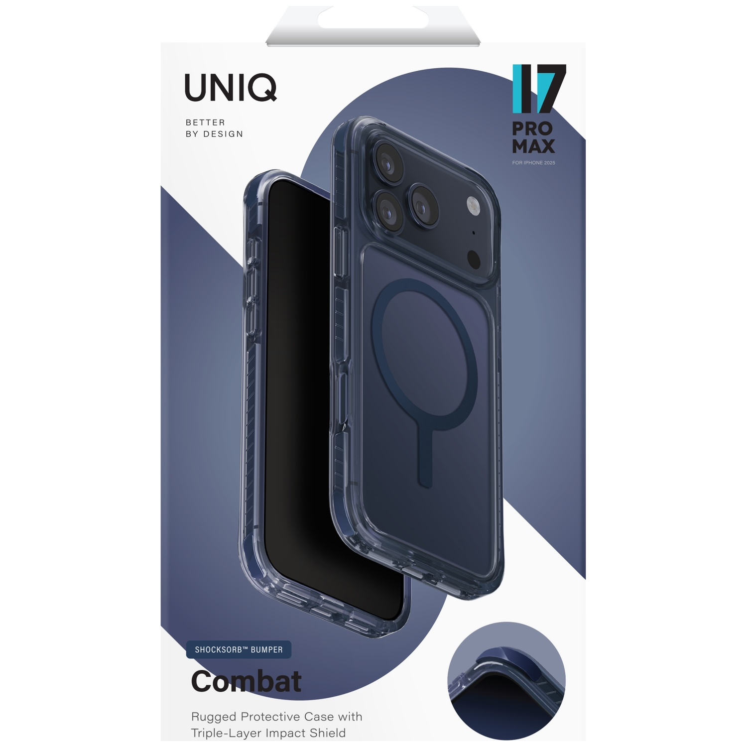 A transparent iPhone 17 Pro Max case with 'Combat' logo and ShockSorb bumper.