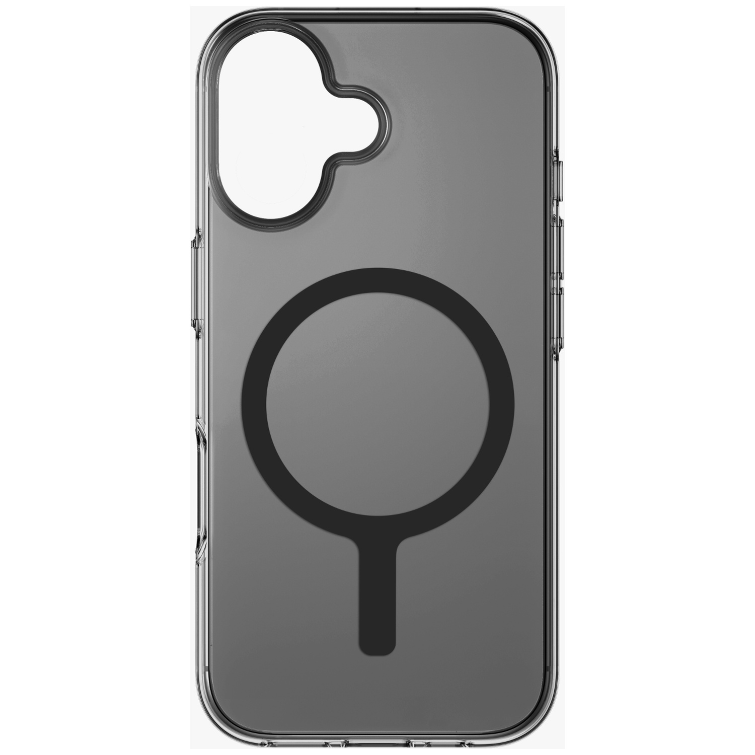 Gray transparent phone case with black circle and stem pattern.