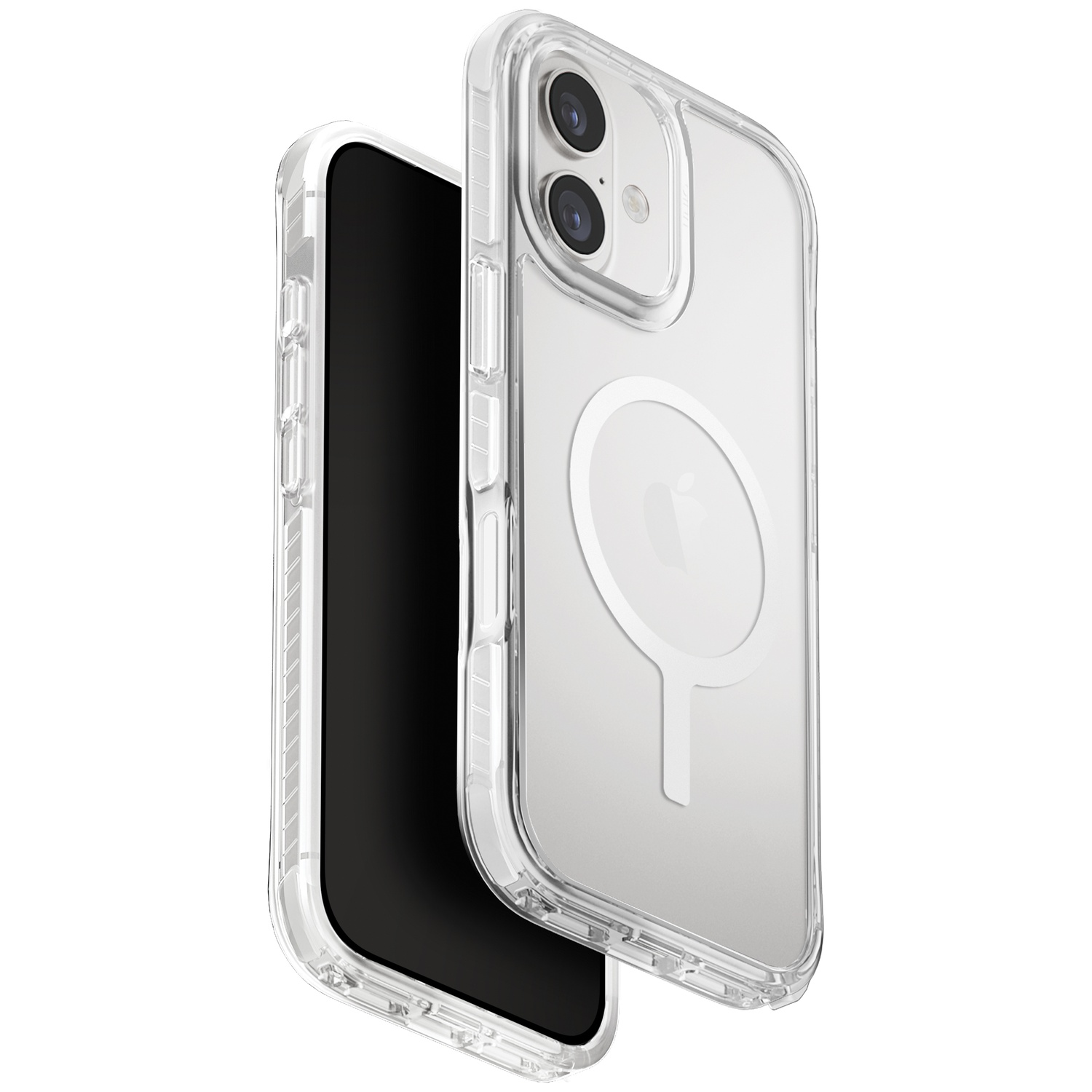 A clear phone case with a ring holder, on a white background.