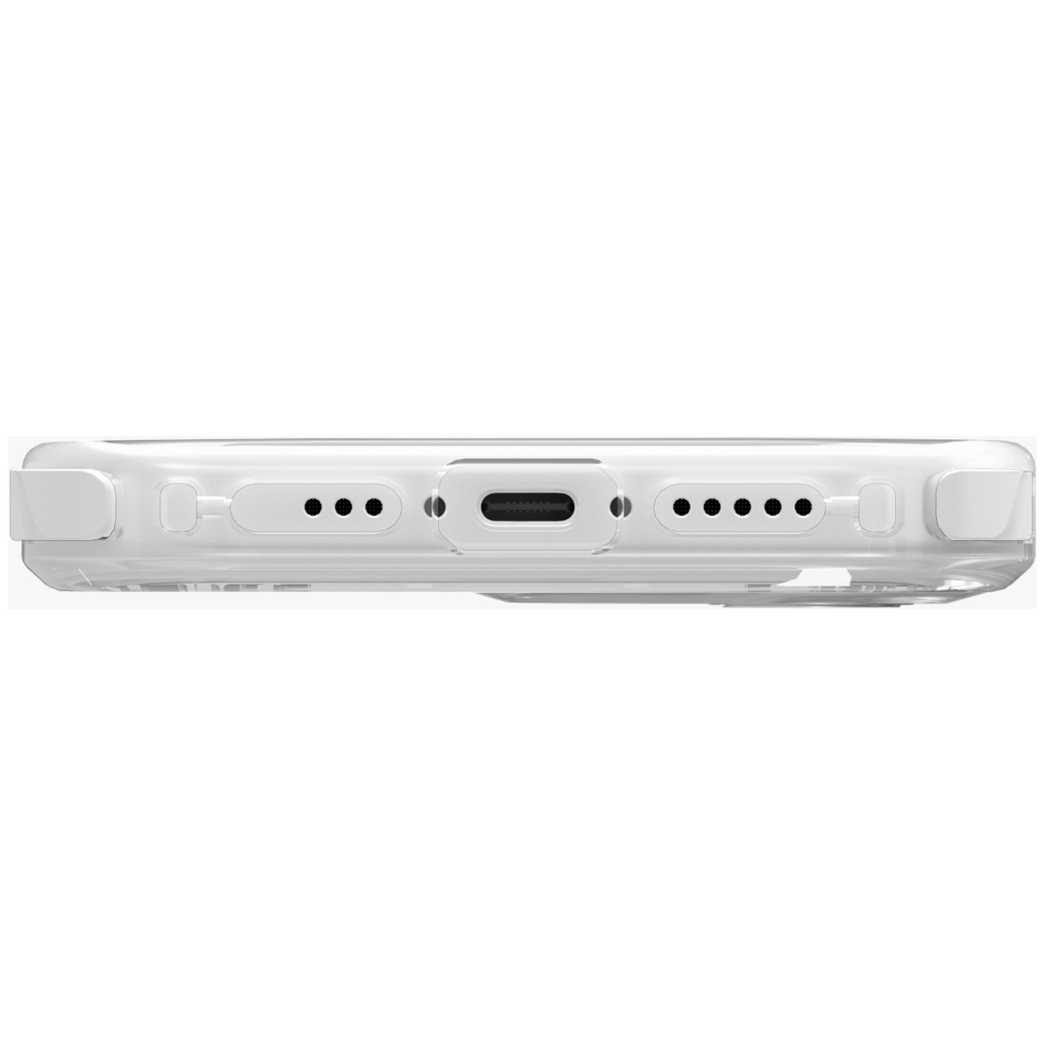 Bottom view of a clear phone case showing charging port and speaker holes.