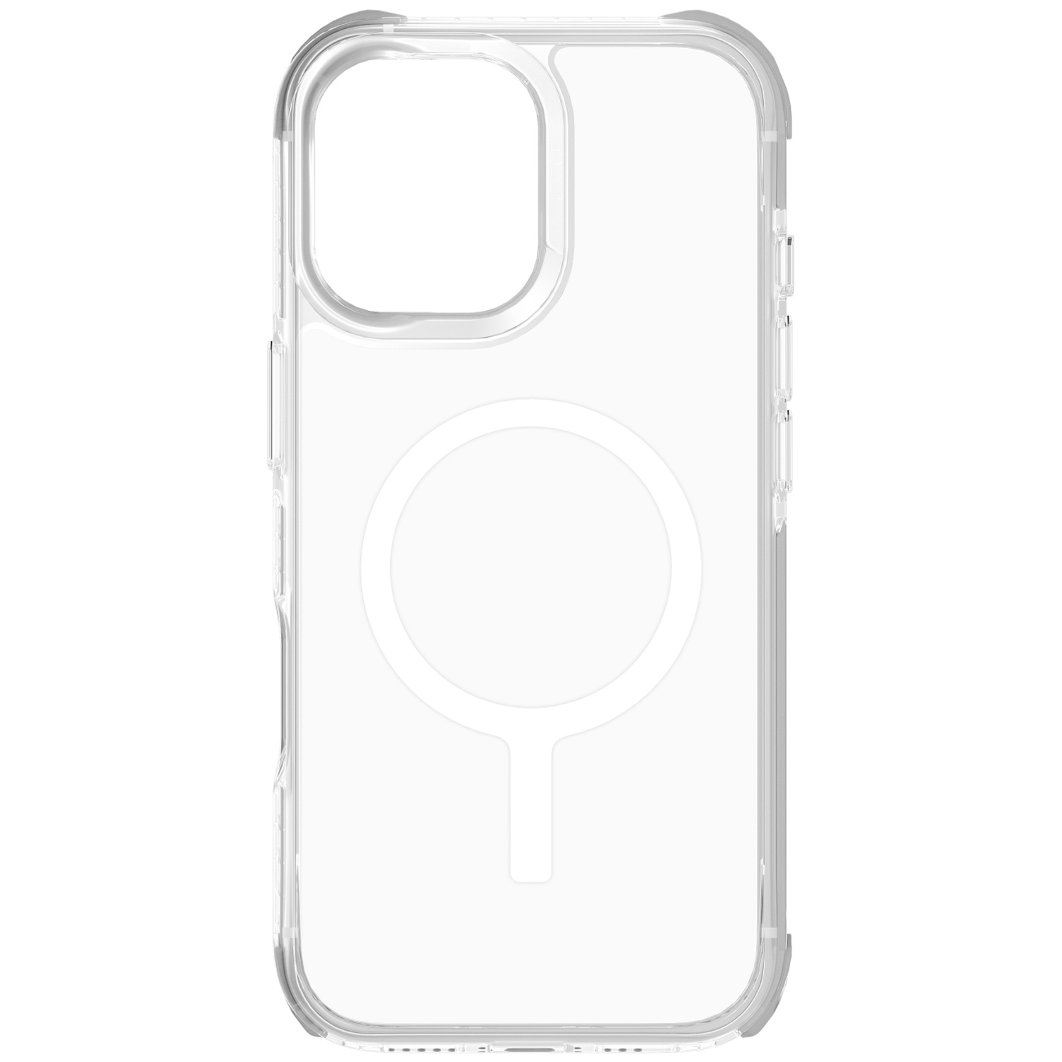 A clear phone case with a circular pattern and cutout.
