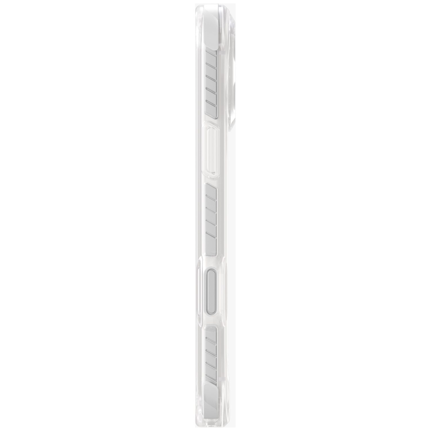 Clear phone case with silver buttons, side view.