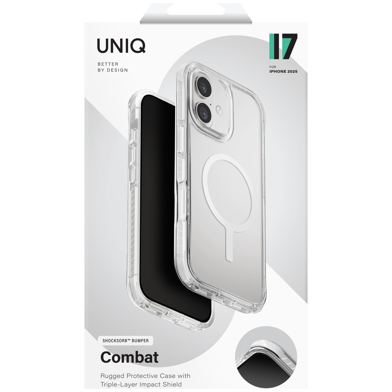Clear iPhone 14 case with Combat design and ShockSorb bumper feature.