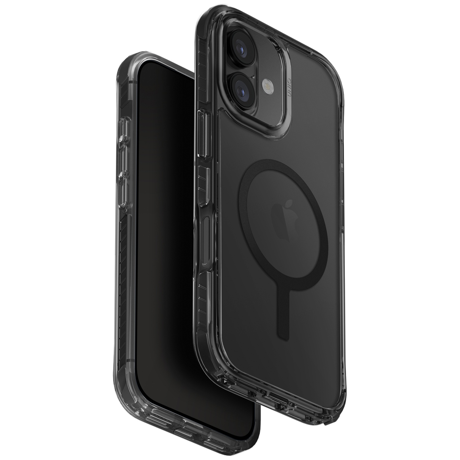 Two clear phone cases, one with camera and magnetic ring.