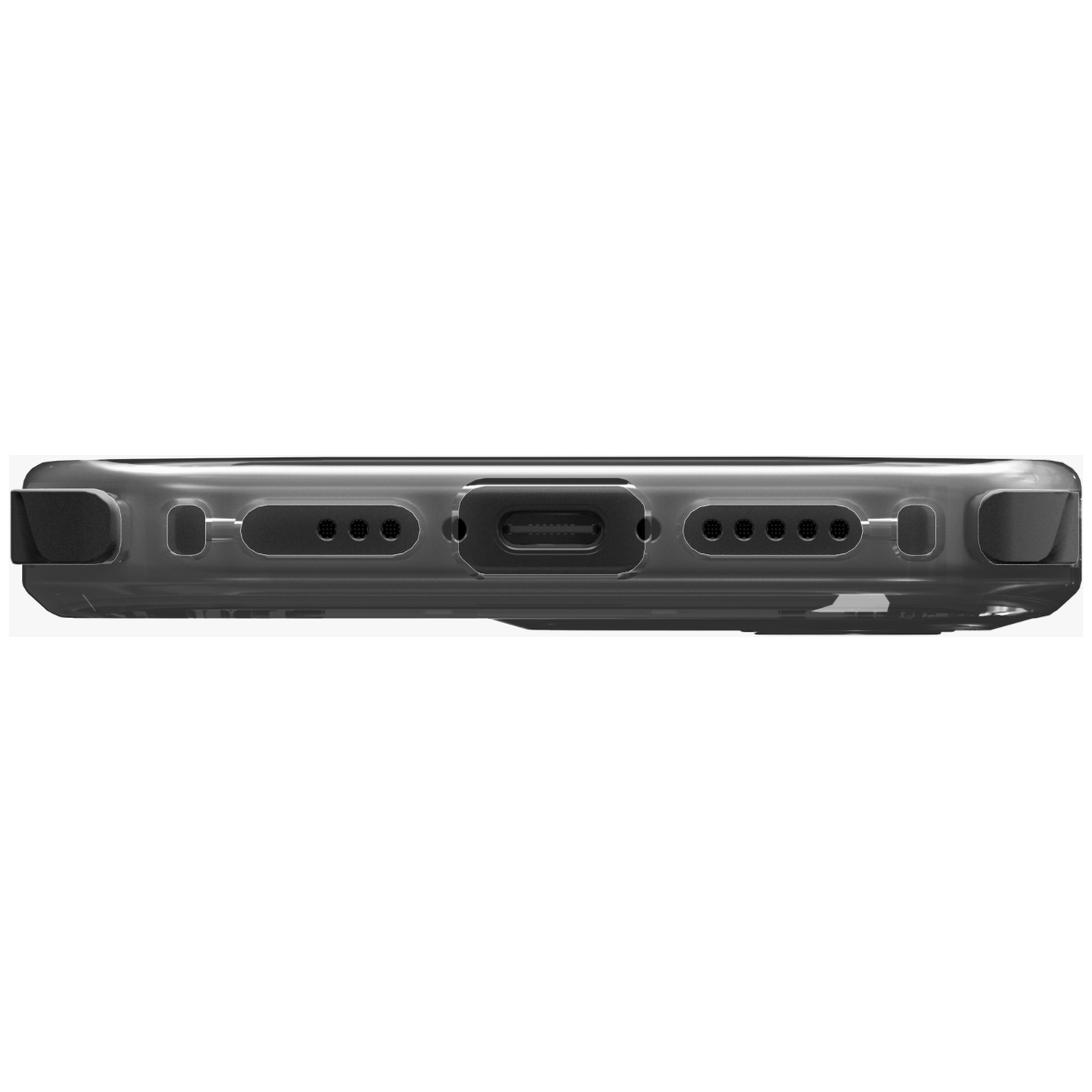 Close-up of a clear phone case bottom, showing charging port and speaker grilles.