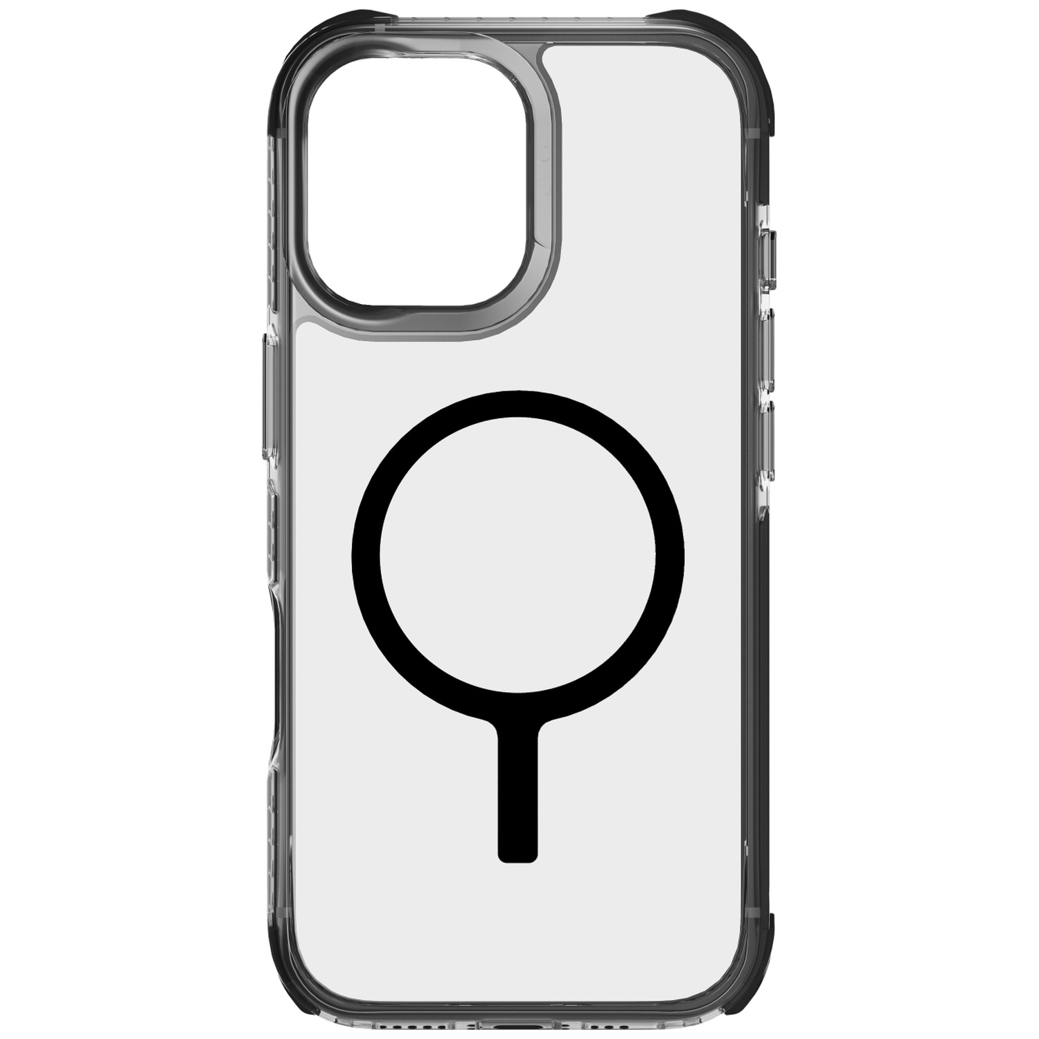 Clear phone case with a black circle and stem symbol on a white background.