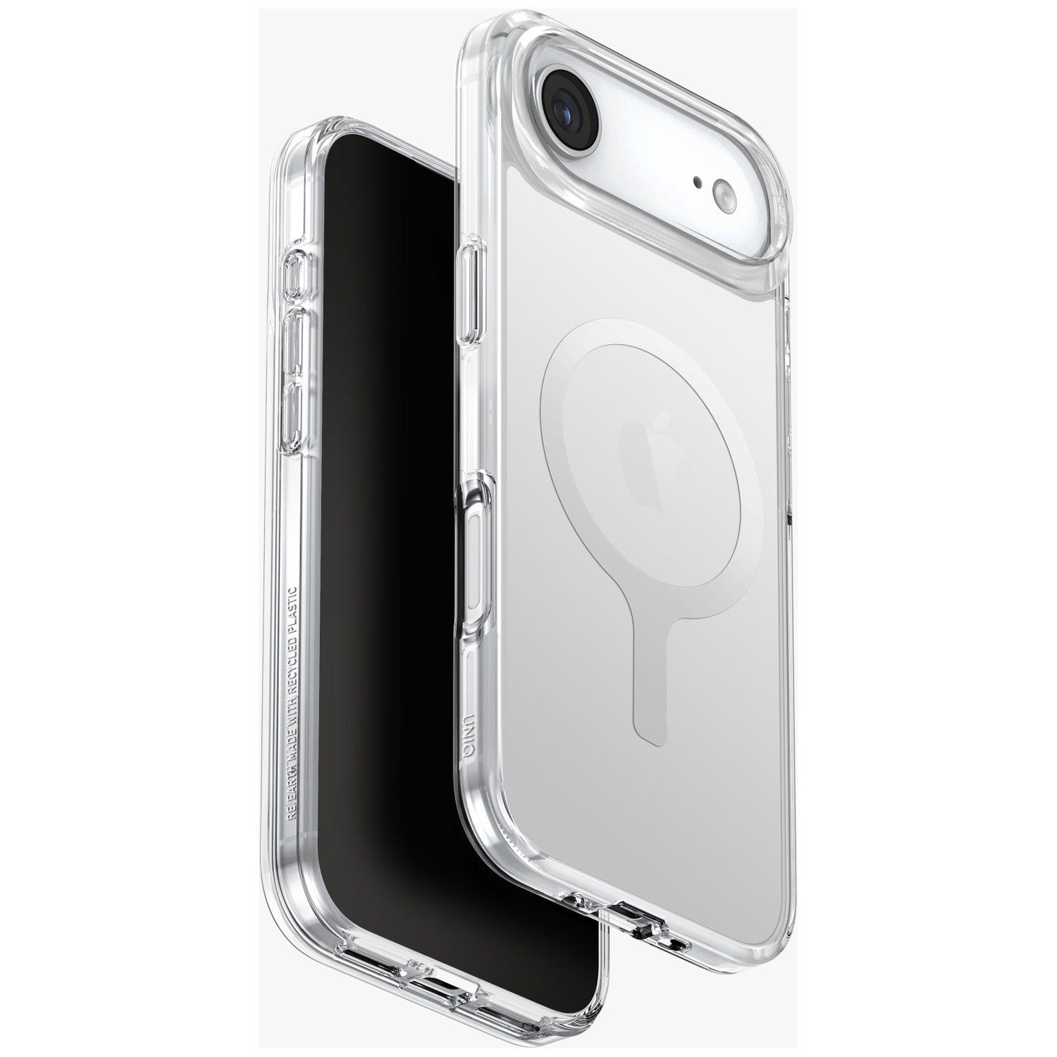 Een doorzichtige iPhone-hoes met een witte magnetische ring wordt van de zijkant getoond.
