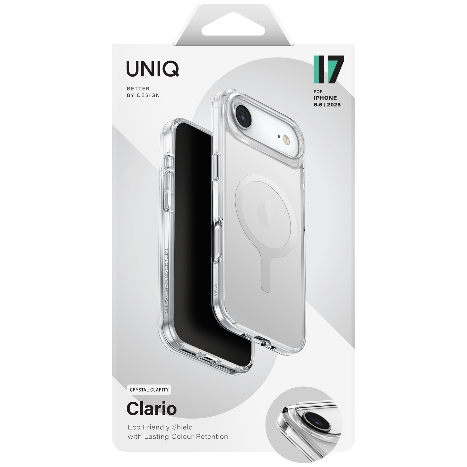 Transparante UNIQ "Clario" iPhone hoes op verpakking.
