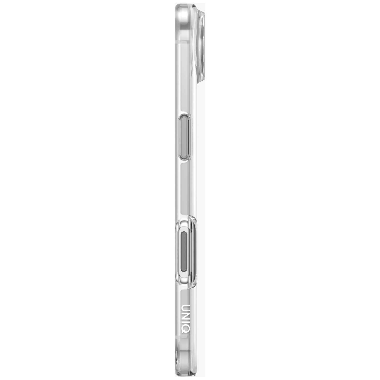 Zijaanzicht van een doorzichtige telefoonhoes met knoppen aan de zijkant.