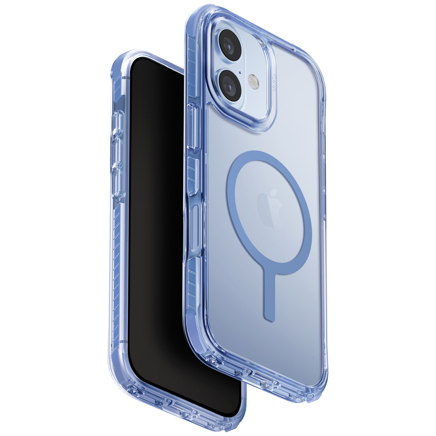 A transparent blue phone case with a phone inside.