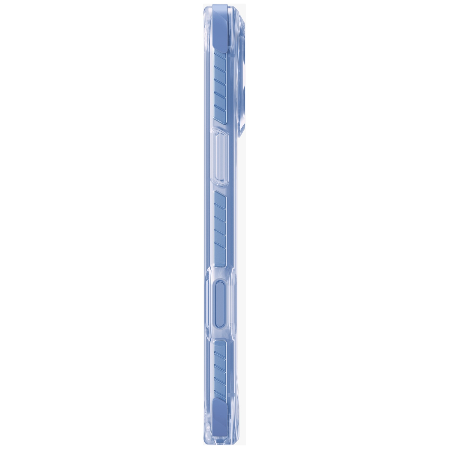 Clear blue phone case shown in profile with buttons.