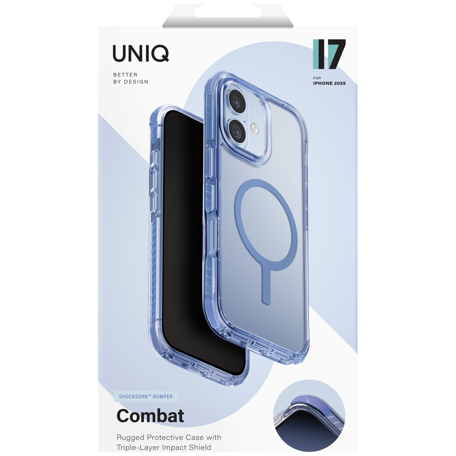 Clear protective case for iPhone 2025 with blue MagSafe ring and shock-absorbing bumper.