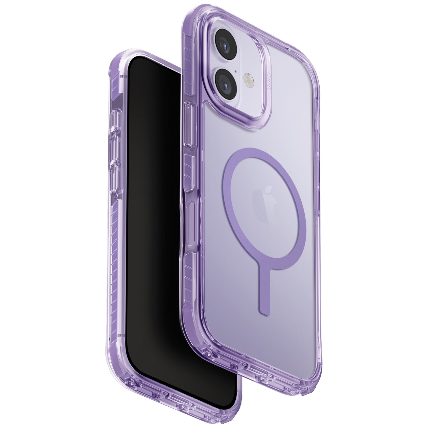 A clear purple phone case with a MagSafe ring for a smartphone.