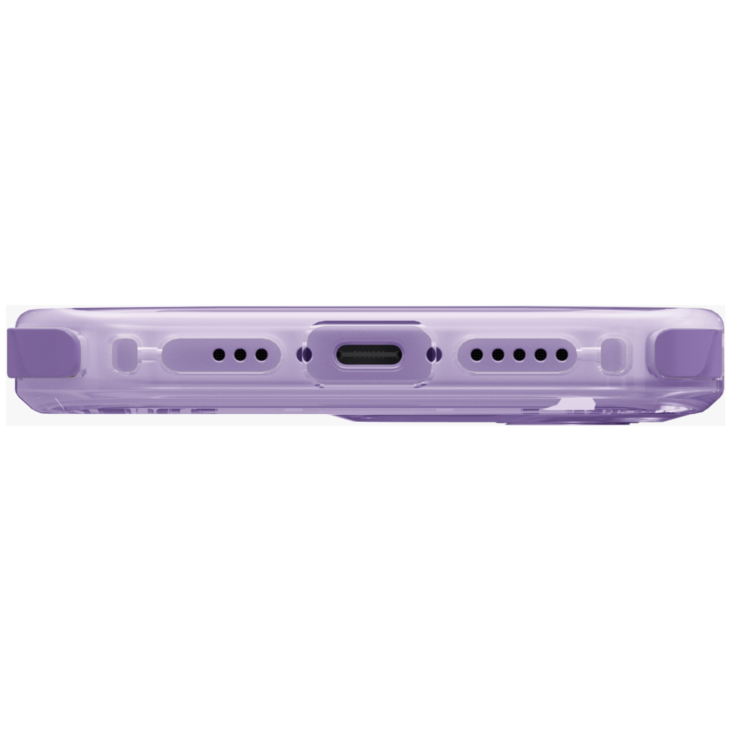 Purple phone case showing charging port and speaker holes.