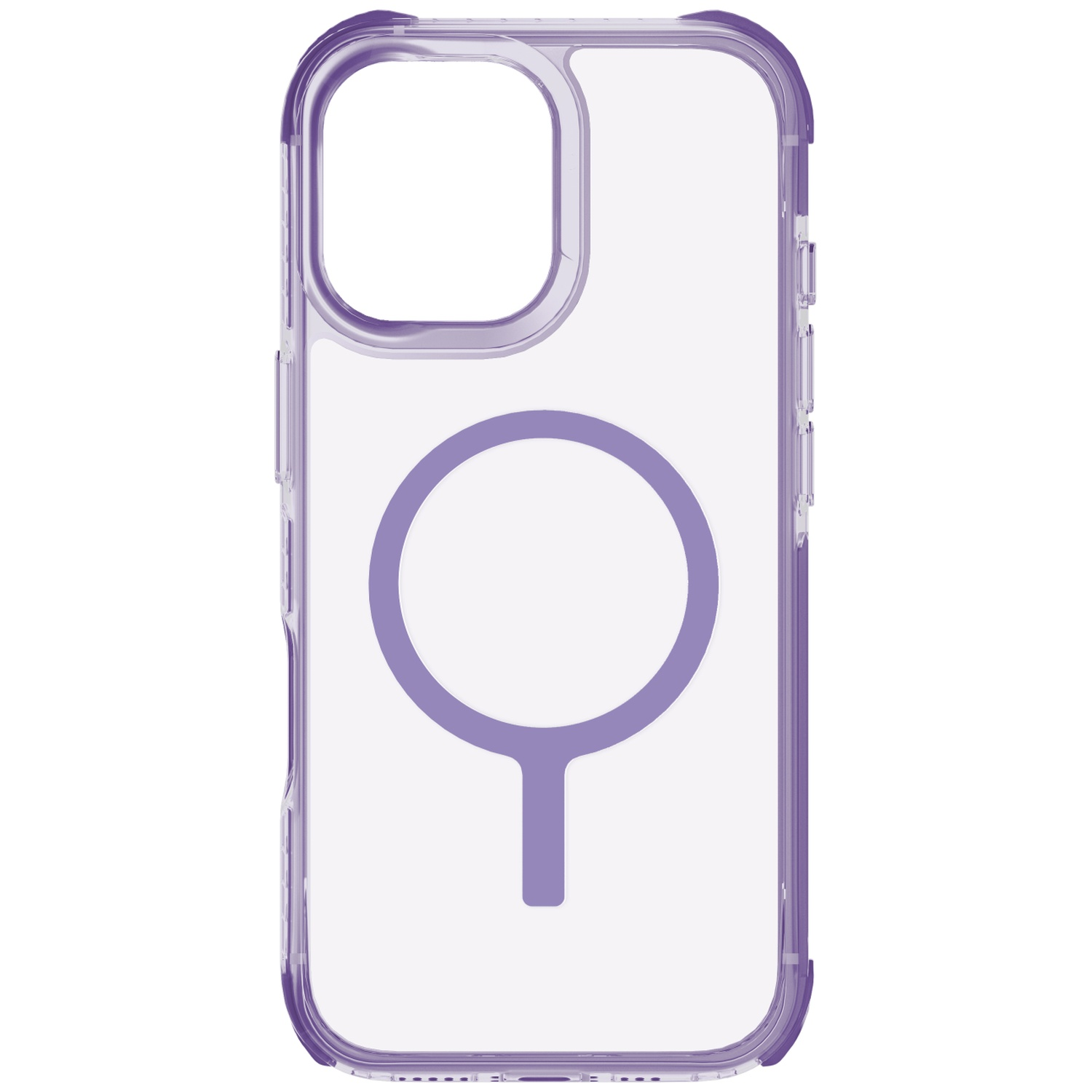 Clear phone case with a purple MagSafe ring and accents.