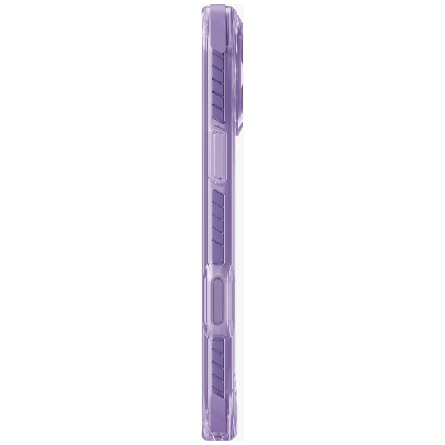 Purple phone case in profile showing buttons and texture.