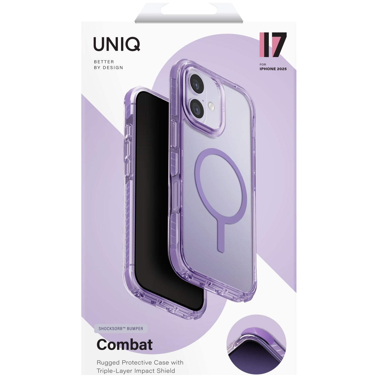 Clear purple iPhone 17 case with magnetic circle and "Combat" text.