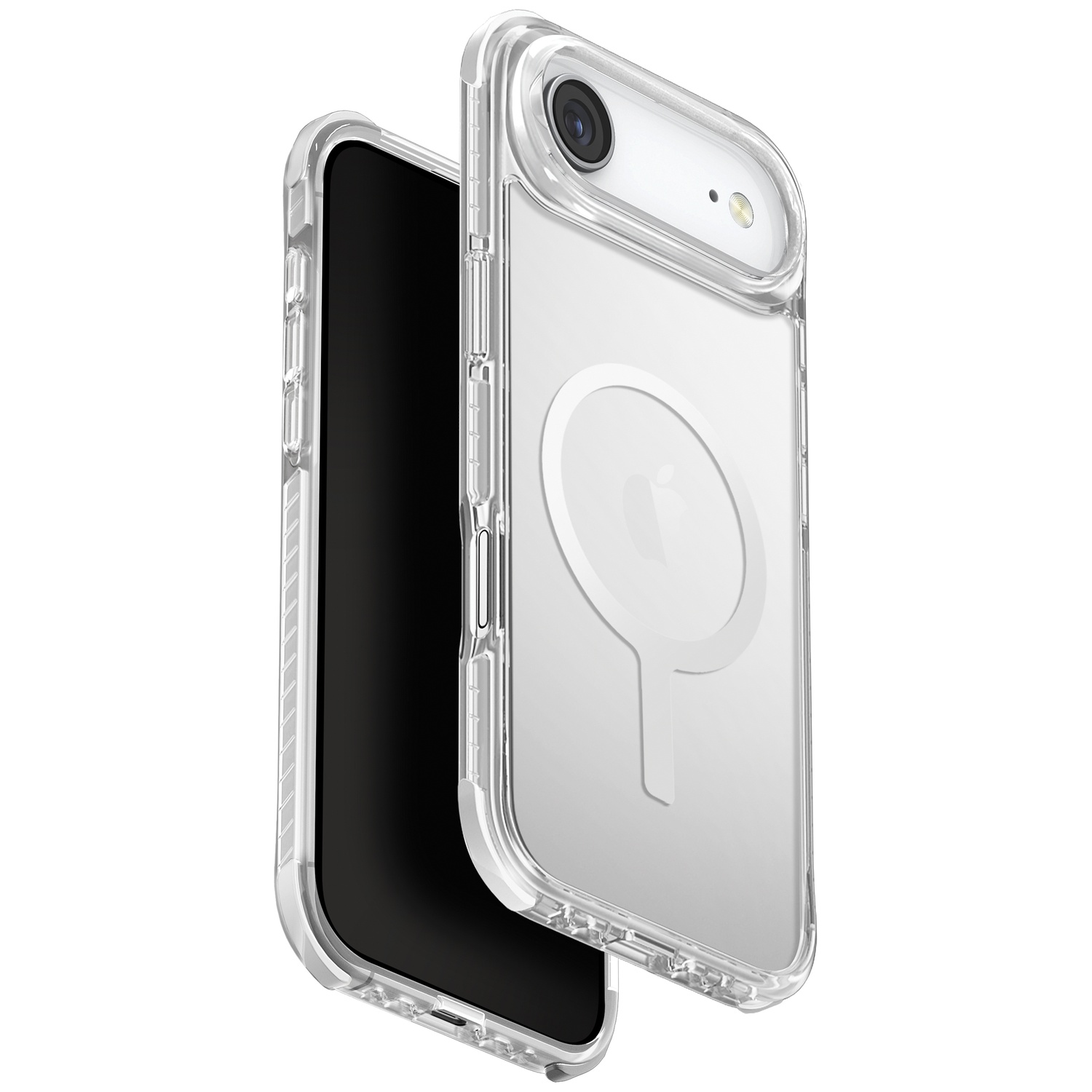 A clear phone case with a ring on the back.