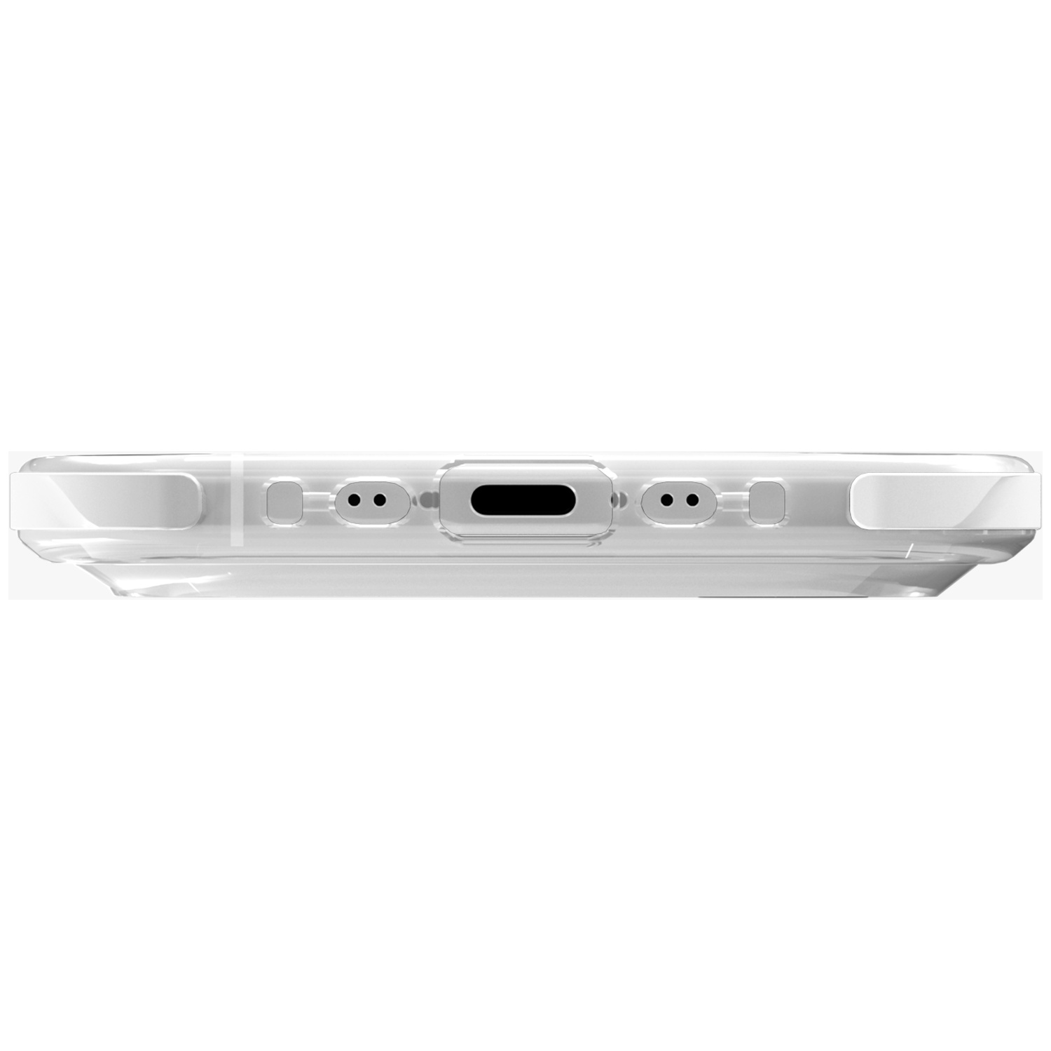 Clear phone case with black charging port and speaker openings.