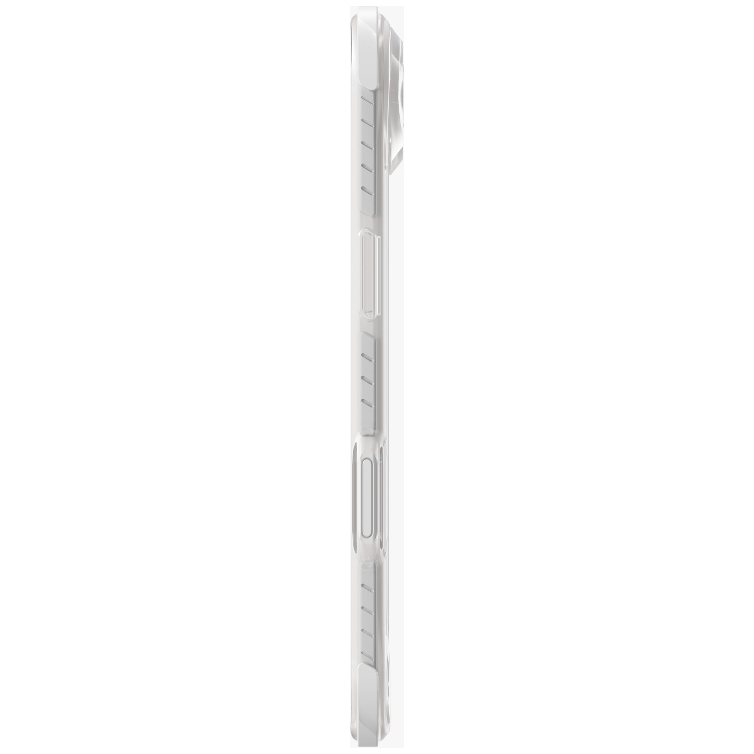 Clear phone case in profile with white buttons and camera protection.